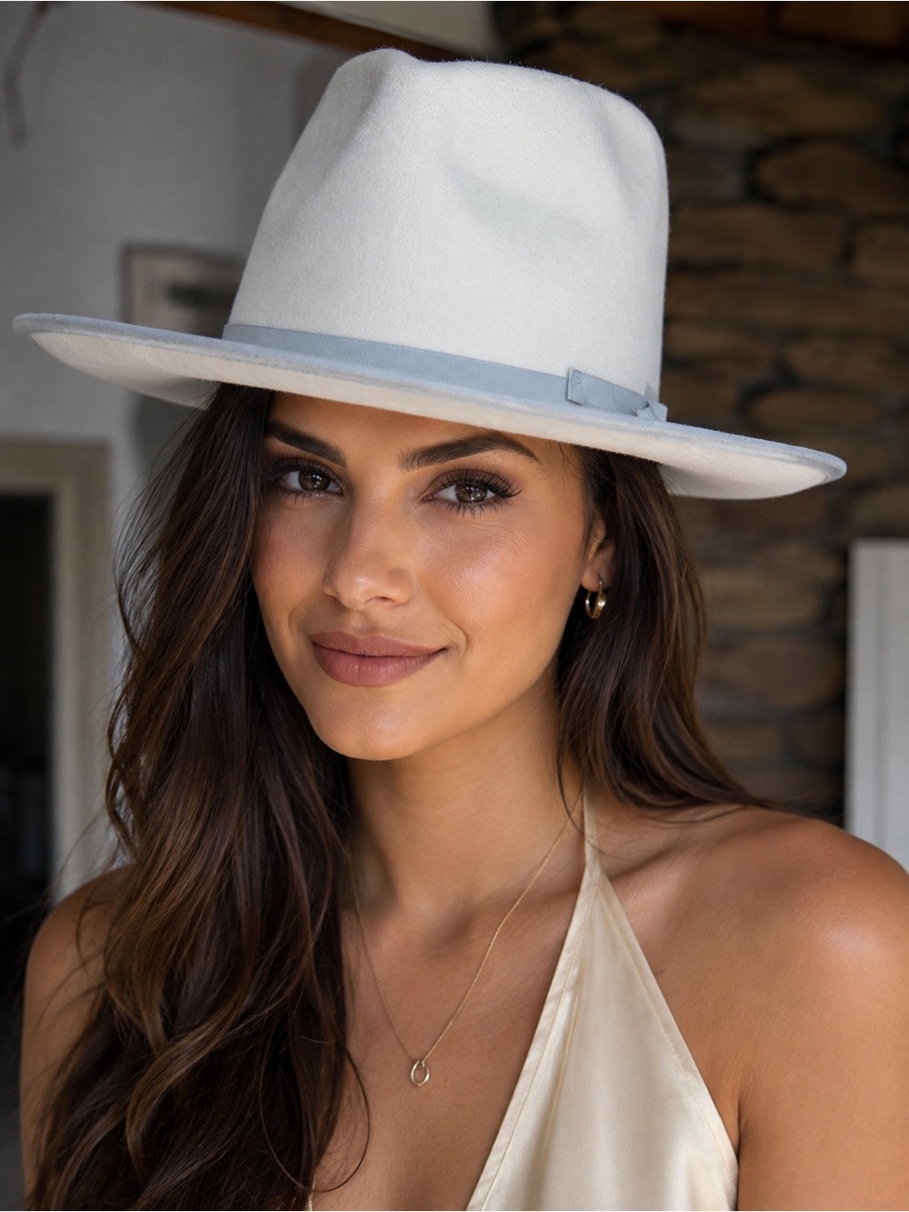 Womens White Felt Fedora Hat with Light Blue Band